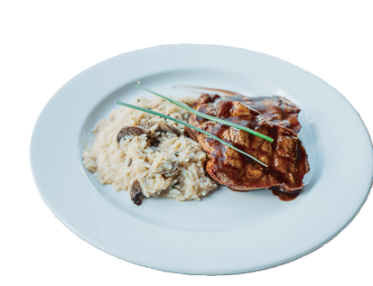 BONDIOLA DE CERDO LAQUEDA CON RISOTTO DE HONGOS