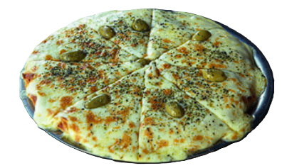 Pizza muzzarella con olivas verdes y orégano