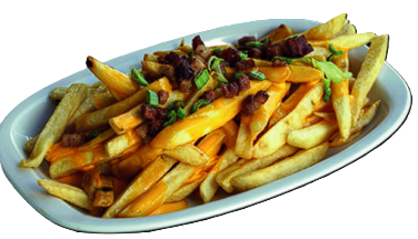 Papas de la casa con cheddar y panceta crocante